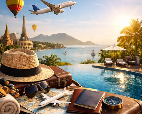 Travel-themed composite image with a suitcase, hat, sunglasses, passport, and compass in front of a pool, with landmarks and an airplane in the sky above
