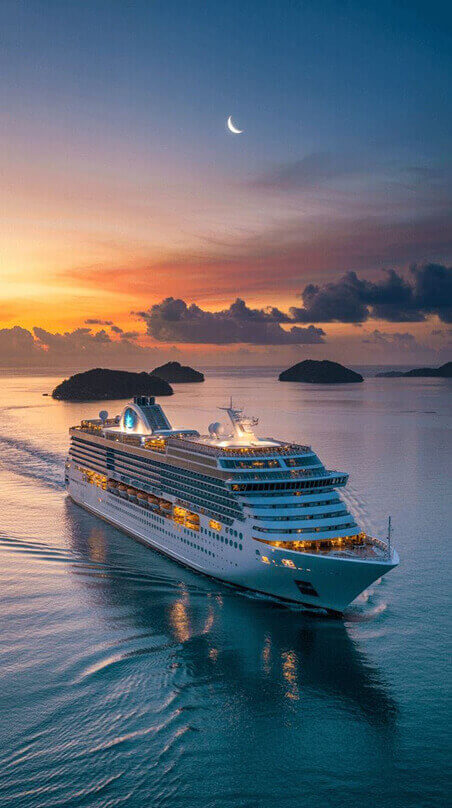 cruise-ship-sailing-at-sunset-near-islands