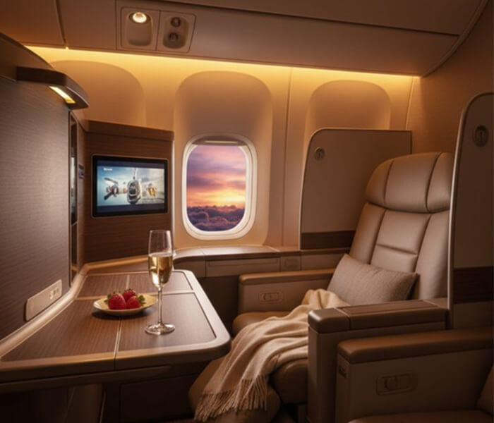 First class airline suite at night with a lie-flat bed, entertainment screen showing the flight map, and city lights visible through the window