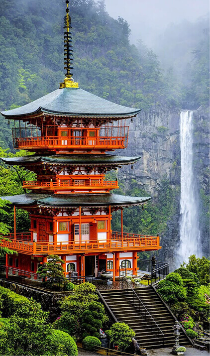 japanese-pagoda-with-waterfall-in-forest