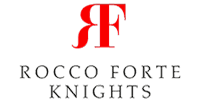Rocco Forte Knights logo with red RF monogram and black text on a white background