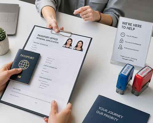 Passport renewal application on a clipboard being handed to a customer at a desk, with a passport, approval stamps, and a help sign nearby